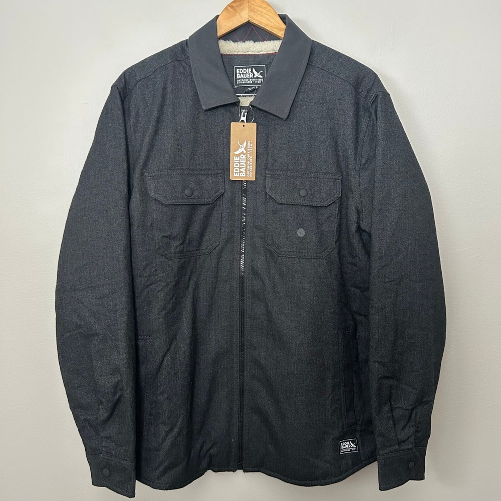 Eddie Bauer Shirt Jacket Men L Grysmoke Faux Shearling Lined Herringbone Zip NWT